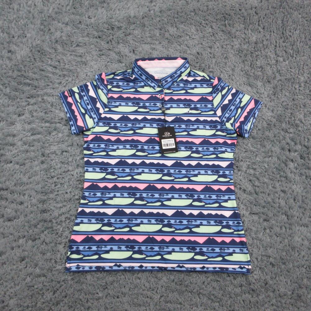 Good Good Polo Womens M Blue Striped Collared Short Sleeve Stretch GG395-M NWT